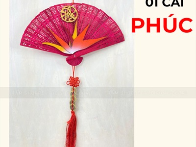 Quạt đỏ hoa Thiên Điểu treo trang trí Tết [Đa dạng chữ - Quạt gỗ] QUAT-08